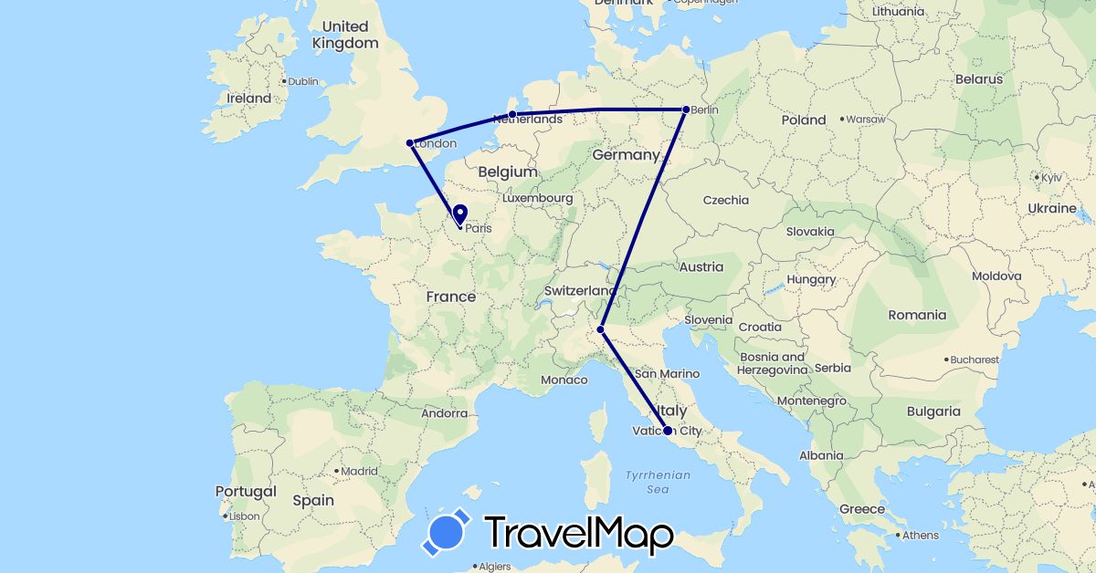 TravelMap itinerary: driving in Germany, France, United Kingdom, Italy, Netherlands (Europe)